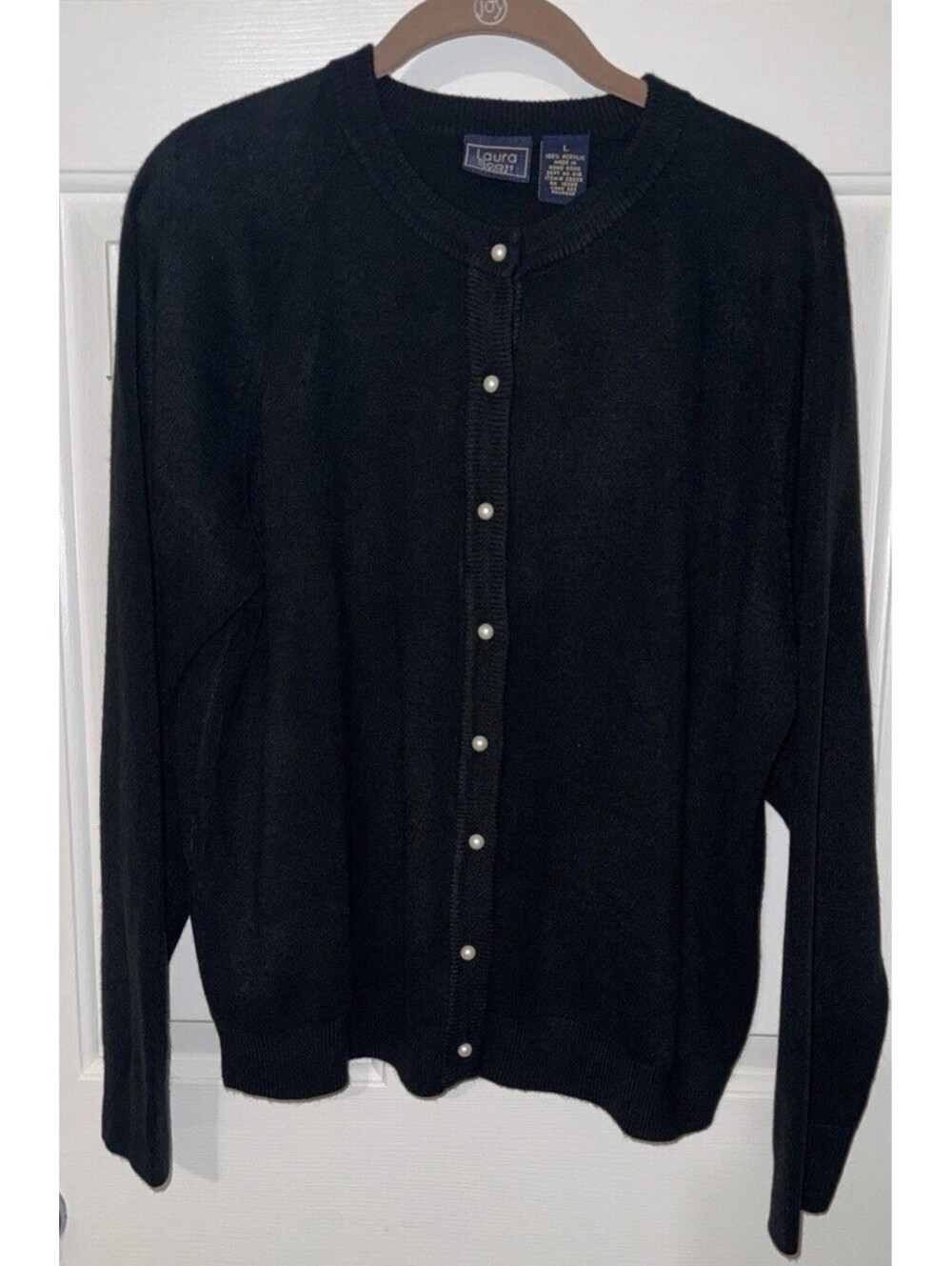 Laura SCOTT Pearl Button Classy Cardigan Sweater Large Black Quiet Luxury